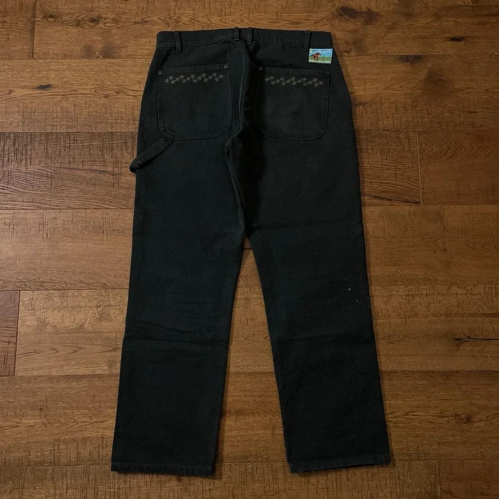 Felt Carpenter Jeans Mens 33x29 Black Streetwear Floral Double Knee Canvas